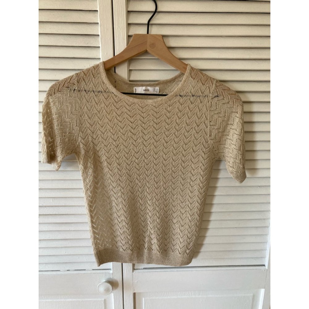 Open-knit shortsleeve sweater with metallic threading